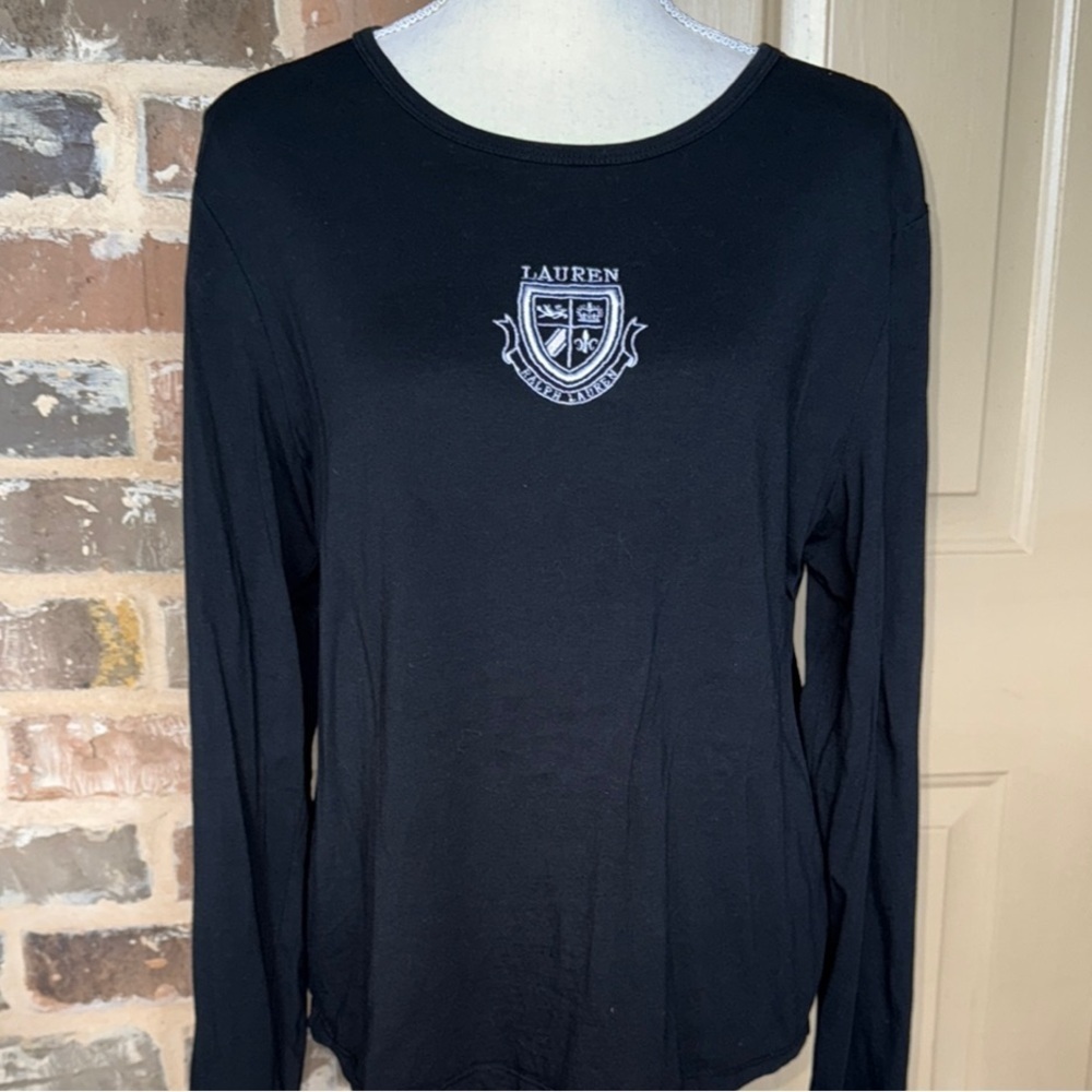 Vintage Lauren Active Ralph Lauren Black Long Sleeve T-Shirt White Crest Preppy - Picture 2 of 9